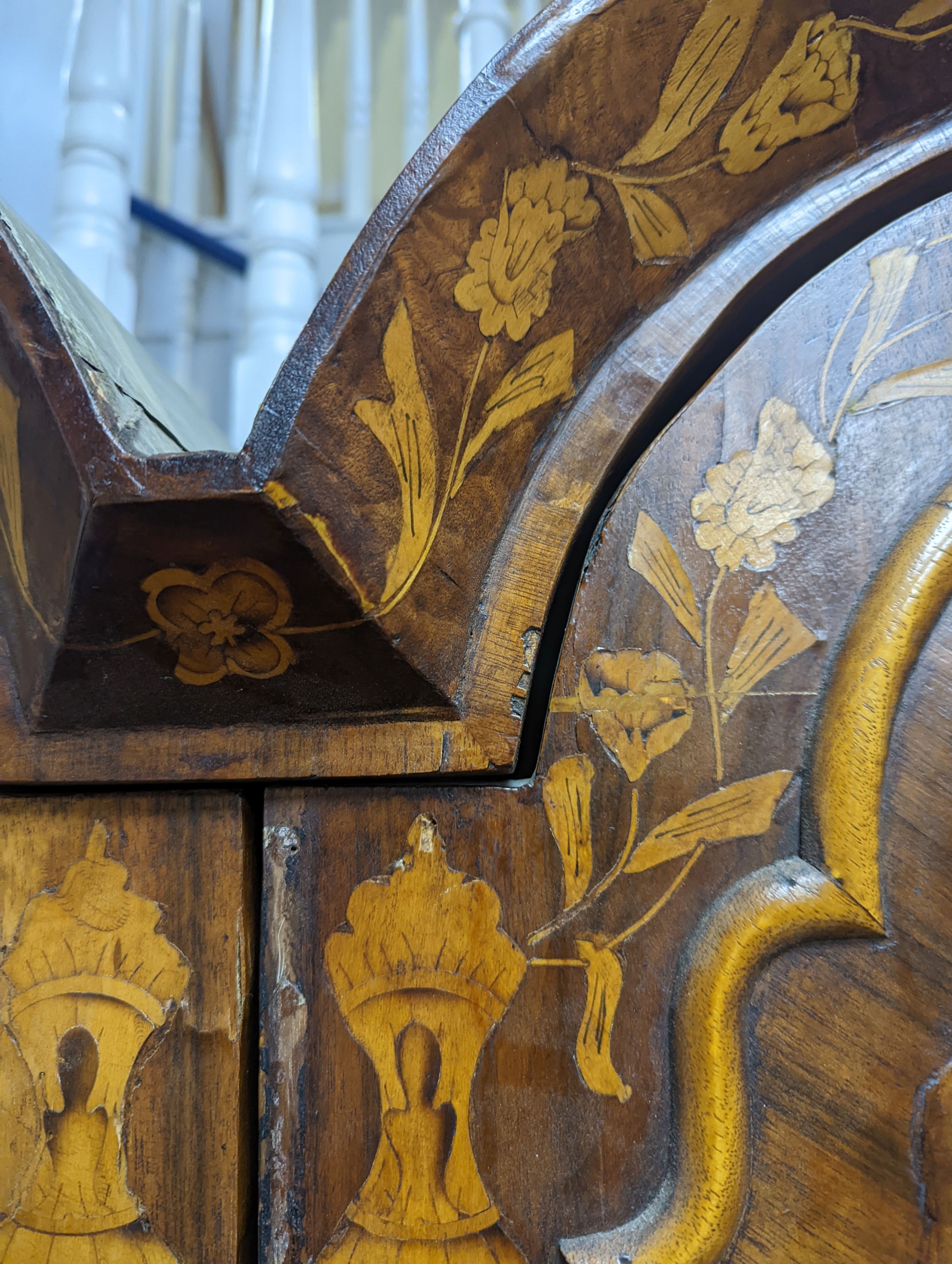 A Dutch floral marquetry walnut bombe bureau cabinet, width 120cm, depth 60cm, height 210cm